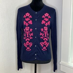 J. Crew Navy Cardigan with Pink Floral Embroidery